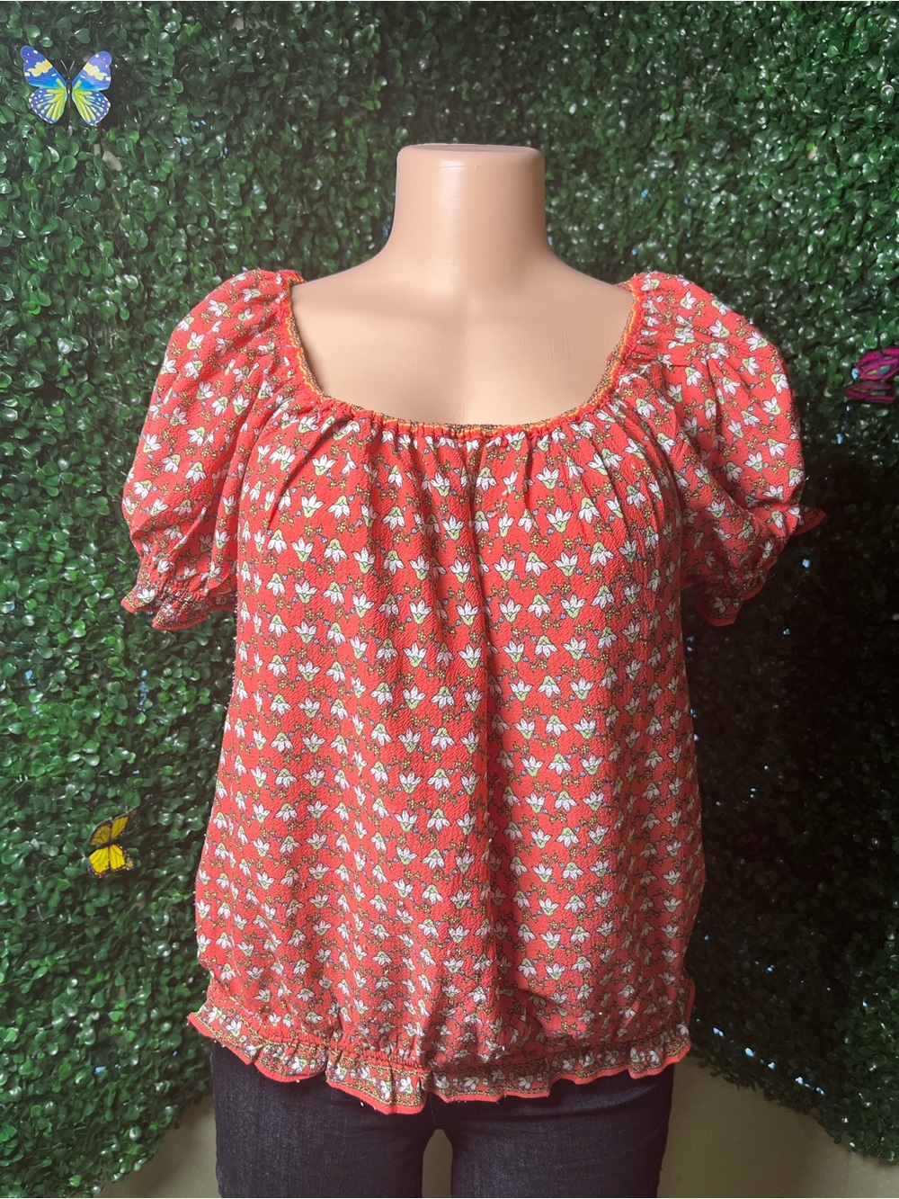 Max Studio Red Floral Puff-Sleeve Peasant Blouse